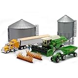 New Ray Country Life Pretend Play Farm Gift Set Kid Friendly Includes 2 Grain Bins, Semi Grain Trailer, Wheat, 2 Farmers and Tractor with Wagon