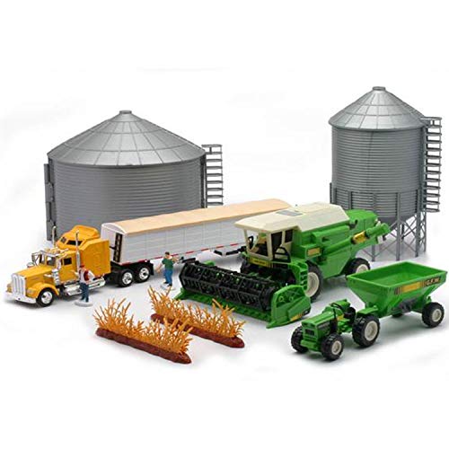 New Ray Country Life Pretend Play Farm Gift Set Kid Friendly Includes 2 Grain Bins, Semi Grain Trailer, Wheat, 2 Farmers and Tractor with Wagon