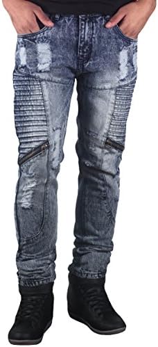 Trillnation Men's Skinny Fit Acid Wash Ripped Moto Jeans
