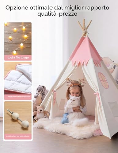 besrey Children's Play Tent Indian Canvas Teepee Cotton with Padded Mat and Fairy Lights (Pink and White)