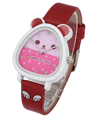 Top Plaza Fashion Cute Cartoon Leather Analog Wrist Watch Girls Kids Children Quartz Wristwatch - Red