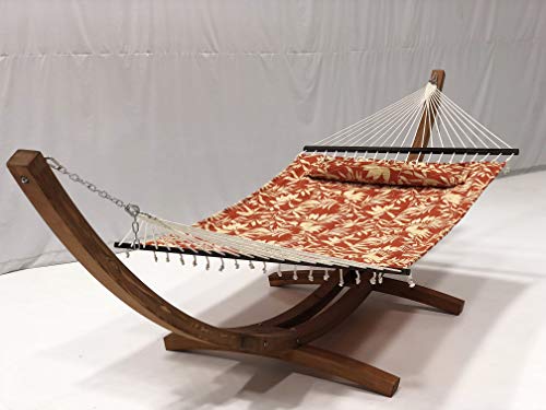 Petra Leisure 14 Ft. Wooden Arc Hammock Stand + Deluxe Quilted Double Padded Hammock Bed w/Pillow. 2 Person Bed. 450 LB Capacity(Teak Stain/Elegant Floral)