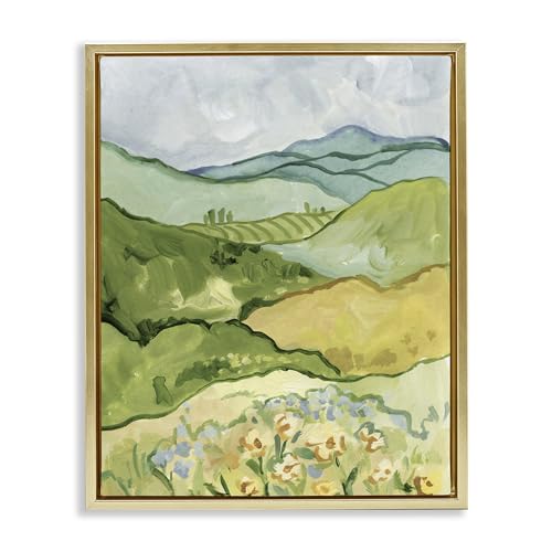 Stupell Industries Green Meadow Rolling Hills Gold Framed Floater Canvas Wall A…