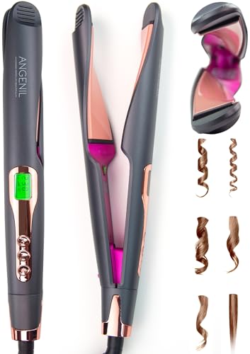 ANGENIL Pro Twist Flat Iron 1 Inch, Dual Voltage Hair Straightener and Curler 2 in 1, Multi-Stylers Round Flat Iron Curling Irons, Tourmaline Ceramic Hair Iron for Women, 20s Fast Heating LCD Display