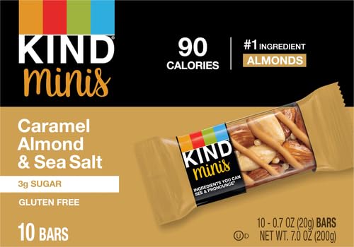 KIND MINI SNACK BARS, CARAMEL ALMOND & SEA SALT, GLUTEN FREE, LOW SUGAR, LOW CALORIE SNACKS, 10 COUNT