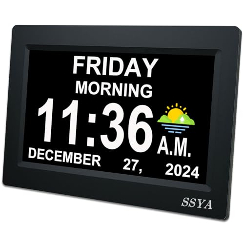 SSYA Neueste Version Tag Uhr – 12 Alarm-Optionen, Level 5 Auto Dimmbar Display, Extra Großen beeinträchtigter Vision Digital Uhr mit Non-Abbreviated T