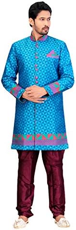 Indian Fashion Incredible Blue Color Sherwani in Dupioni Raw Silk Fabric 70275