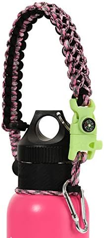 QeeLink Paracord Hande Compatible with Hydro Flask Standard Mouth Water Bottle Carrier with Safety Ring Holder | Simple Modern Ascent | Vmini Cell Strap - 12 oz, 18oz, 21 oz, 24 oz