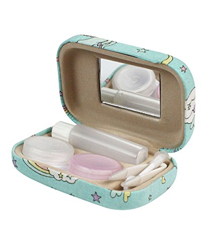 JE Unicorn and Rainbow Pattern Blue Fabric Wrapped Contact Lens Case Travel Kit with Mirror, Tweezer, Solution Bottle