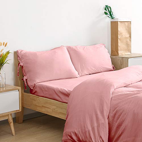 Duvet Cover Queen, 100% Washed Cotton, Linen Like Soft Breathable Durable Bedding Duvet Cover Set, 3-Pieces, Ultra Soft and Easy Care, Simple Style Home Bedding Set 2019 Newï¼ˆ3-Piece, Queen, Pinkï¼‰