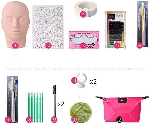 Eyelashes Training Kit, Professional One Training Head Model False Eyelashes Extension Practice Kit Tool For Starter to Practice (12Pcs/Set)