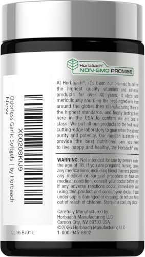 Horbäach Odorless Garlic Softgels | 200 Count | Ultra Potent Garlic Extract | Non-GMO & Gluten Free