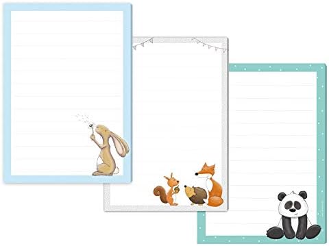 3 x writing pads, "Hare Hamlet" and "Forest Animals" and "Paul Panda" DIN A5 lined, each 50 sheets/stationery for children, writing paper children, letter pad
