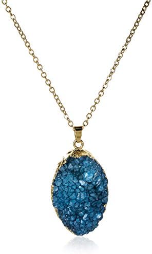 Gold Color Bezel Teardrop Natural Stone Druzy Necklace (Blue)
