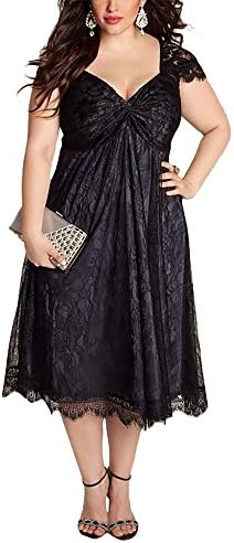 WANTU Womens Gothic V-neck Empire Waist Lace Party Midi Dress (US 14-16, black)