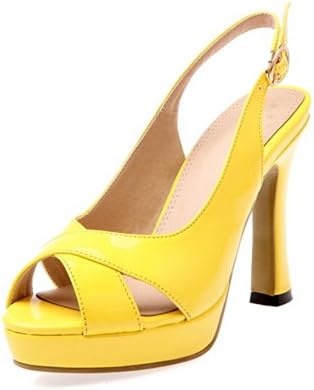 Vogue001 Womens Open Peep Toe High Heel Platform PU Patent Lether Solid Sandals with Buckle, Yellow, 38