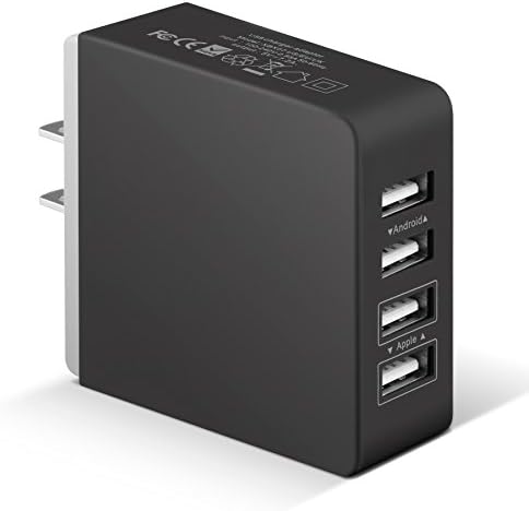 USB Wall Charger, 36 Watt (7.2 Amp) 4-Port Family-Sized USB Wall Charger. Smart USB Charger with Auto Detect Technology for iPhone 6 5s 5c 5, iPad Air mini, Galaxy S5 S4, (Black)