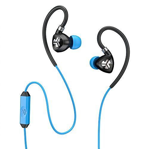 JLab Audio Fit2 Sport Earbuds, Sweatproof, Water Resistant with In-Wire Customizable Earhooks, Guaranteed Fit, GUARANTEED FOR LIFE - Black/Blue