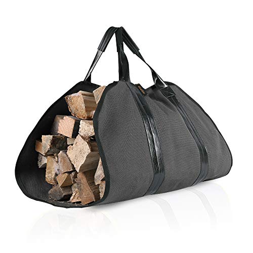IKEPOD Canvas Firewood Log Carrier - Fire Wood Tote Bag Storage, Fireplace Wood Stove Accessories, Durable Large Holder for Camping, Design with Leather Handle