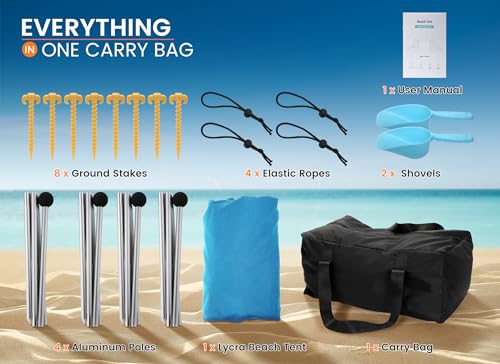 Tenda da Spiaggia Portatile Tents, Grande Tenda Mare Spiaggia UPF50+ Tenda Della Spiaggia di con 4 Pali, Pala, Picchetti e Borsa per il Trasporto per Campeggio, Pesca, 3x 3x 2M (sky blue)