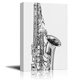 Musical Instruments Theme Canvas Wall Art - Saxophone in Black and White - Giclee Print Gallery Wrap Modern Home Art Ready to Hang - 12x18 inches