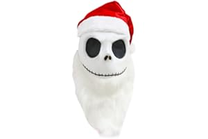 ROORUZ Xinxiaomeng Christmas Jack Skellington Mask with Red Hat Fake White Beard Movie Nightmare cos before Christmas Adult Latex Mask Party Cosplay Dress up Props
