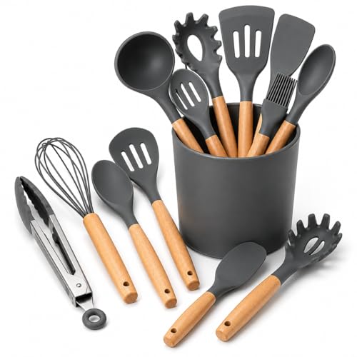 Kit Utensílios Cozinha Silicone 12 Peças com Suporte – Cabo Madeira Premium, Não Risca, Resistente ao Calor