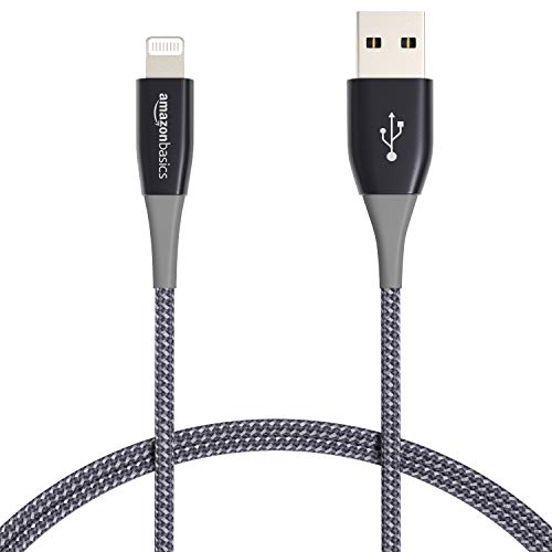 Cable Lightning a USB trenzado de nailon doble premium de Amazon Basics - Cargador de iPhone de Apple con certificación MFi, gris oscuro, actualización de 3 pies (durabilidad clasificada 20, 000 curvas)