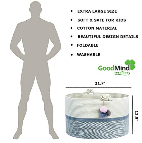 Extra Large Cotton Rope Basket 21.7"x21.7"x13.8" Soft and Safe for Kid's Room Laundry Hamper Storage Organizing Bag for Baby Clothes and Blankets, Kids Toys. Grey Nursery Woven Bin Home Decor Baskets.