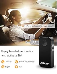 Mpow Receptor de Bluetooth, adaptador para auto portátil Bluetooth 4.1 y adaptador Bluetooth de audio AUX para Streaming de música, sistema de sonido, manos libres, sistemas inalámbricos para auto, Sistema Estéreo para casa o auto., Negro