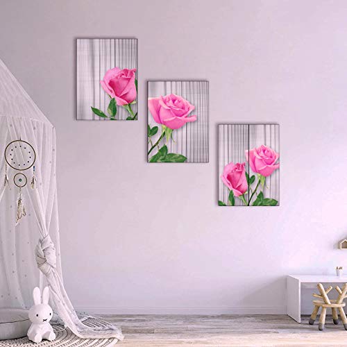 Pink Wall decor for girls bedroom Decoration Framed Flowers Wall Decor canvas bathroom pictures 3 Pieces rose bathroom decor wall art Beige Wood Board Floral teenage girl room decor painting 12×16 Inch