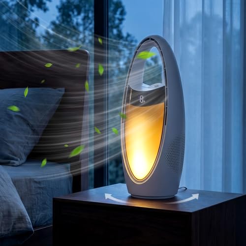 Acemall Ventilador sin Aspas 35cm Portátil Inalámbrico de 4000 mAh Ventilador de Torre con humidificador y 9 Velocidades & luz nocturna y temporizador y 70° Oscilante para dormitorio, oficina, hogar