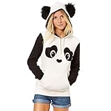 Meilaier Women's Cute Panda Print White and Black Fleece Hoodie Tops