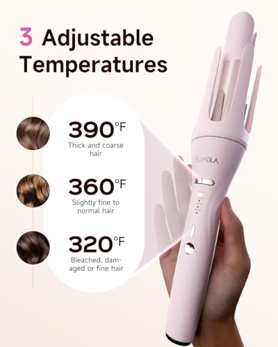 5 in 1 Auto Curling Iron Set with Interchangeable Barrels - 1", 1.25", 1.5" Curling Wand, Hair Crimper & Straightening Brush, Rotating Ceramic Curler, 3 Temp, Dual Voltage, Anti-Scald, Pink