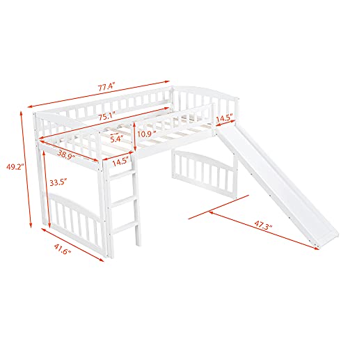 Toddler Low Loft Bed with Slide and Ladder, Wooden Twin Loft Bed for