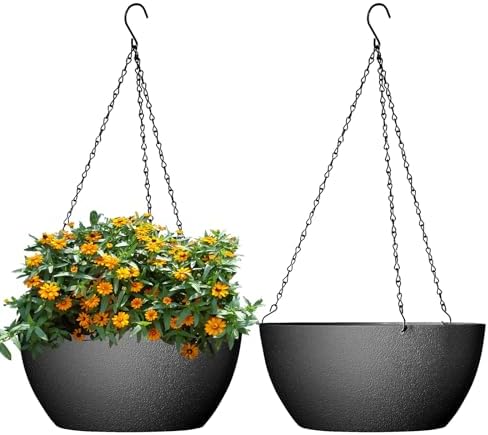 WSMKSZ 13 inch Large Hanging Planters Plant Pots for Outdoor Indoor Plants  with Drainage Holes and Chain, 2 Pack Round Hanging Flower Pots for Garden  Home Porch Decor, Black price in Saudi