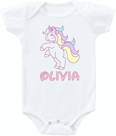 Unicorn Happy Pink Baby Onesie Bodysuit Short Sleeve Cute Personalized Custom Name 0 to 3 mos or 3 to 6 months for Girls Design 4