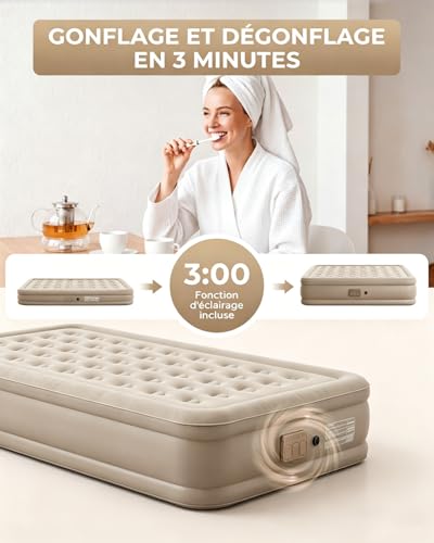 Double Inflatable Mattress 203 x 152 x 40 cm, 40 Air Chambers, Soft Flocked Surface, Maximum Load 300 kg, Inflatable Mattress with Carry Bag and 2 Pillows, Ideal for Guests at Home, Camping, Khaki
