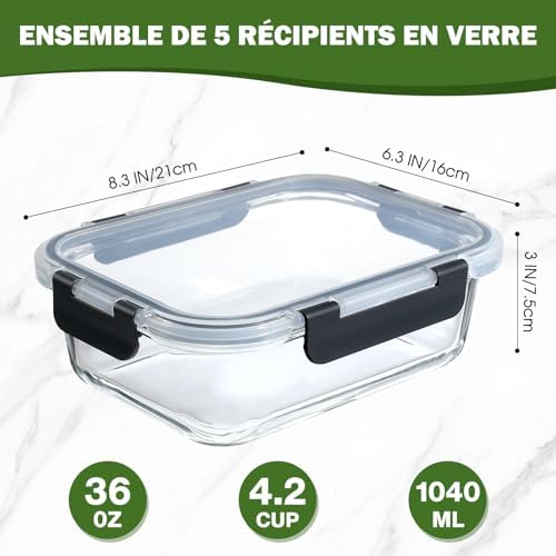 Lot de 5 récipients en verre avec couvercles, 1040 ml, épais et durables, empilables, hermétiques, sans BPA, pour micro-ondes, four, congélateur et lave-vaisselle, Noir