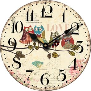 Yung Jo 12" Vintage Arabic Numerals ,Shabby Beach, Weathered Beachy Boards Design ,Ocean Colors Old Paint Boards Printed Image, Rustic Mediterranean Style Wooden Decorative Round Wall Clock (Owl)