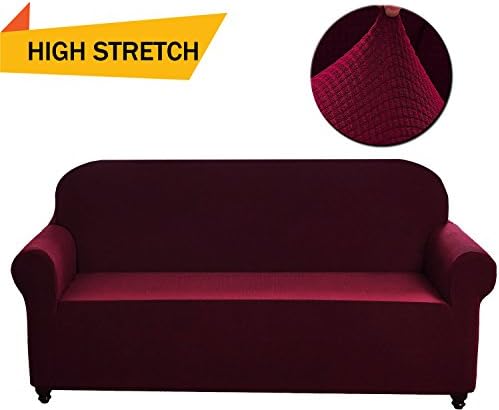 Chelzen Stretch Sofa Covers 1-Piece Polyester Spandex Fabric Living Room Couch Slipcovers (XL Large, Wine Red)