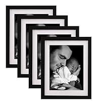 WOOD MEETS COLOR 8x10 Black Picture Frame with Real Wood and Real Glass, Include White Picture Mat, Made to Display Pictures 8x10 Inch Photo Without Mat or 6x8 Inch Photo with Mat,Set of 4 ...