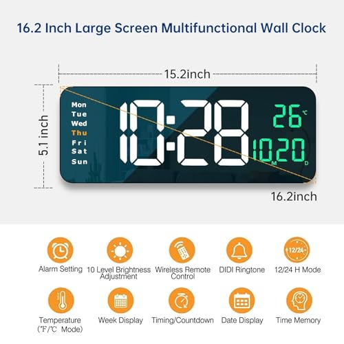 X spring Digital Wall Clock Large Display, 41CM Remote Control Wall Clock, Big Digital Clock with Clear LED Display, Adjustable Brightness, Date Week Temperature, Wall Clocks for Living Room Bedroom