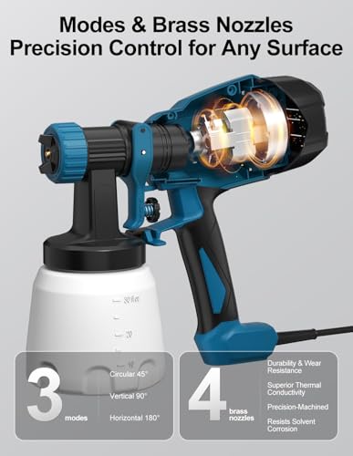 WIBENTL Paint Sprayer, Electric Spray Paint Gun, 3 Modes & 4 Brass Nozzles, with Cleaning & Blowing Joints, Variable Flow Control, for Doors, Fences, Walls, Cabinets, Garden Chairs, Furniture, Blue