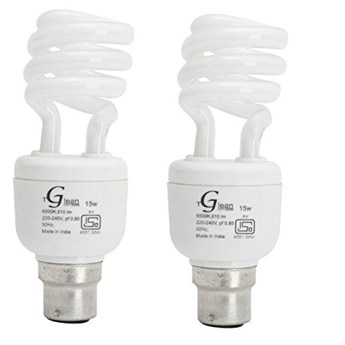 Made in India -15 Watt - CFL Spiral (Compact Fluorescent Light) - Pack of 2 Bulbs - ISO 9001 2008 certified - Glean Lights