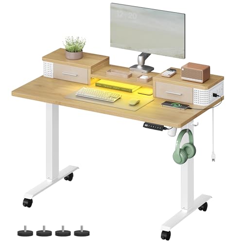 VASAGLE Electric Standing Desk with Drawers, 47.2 x 23.6 Inches, Sit Stand Desk with Power Outlet and LED Lights, Adjustable Height, Storage Shelf, 3 Memory Buttons, for Home Office, Straw Yellow