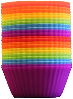 Rainbow Silicone Baking Cups (Set of 24) - Reusable Non-Stick Muffin / Cupcake Liners in 8 Beautiful Primary Colors. Bonus E-Recipie Booklet with 15 Delicious Treats.