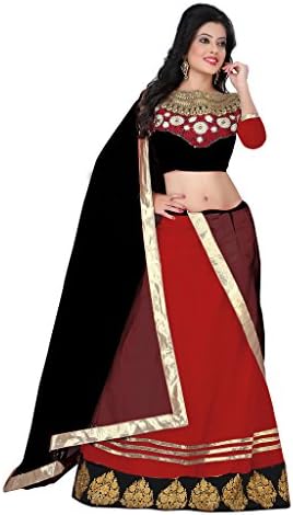 Khushali Presents Embroidered Soft Net Lehenga Choli(Red,Black)