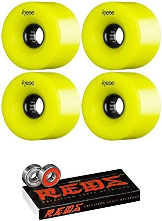 These Wheels ATF-327 Centerset Yellow / Green Skateboard Wheels Center Set - 69mm 80a (Set of 4) with Bones Reds bearings - Bundle of 2 items