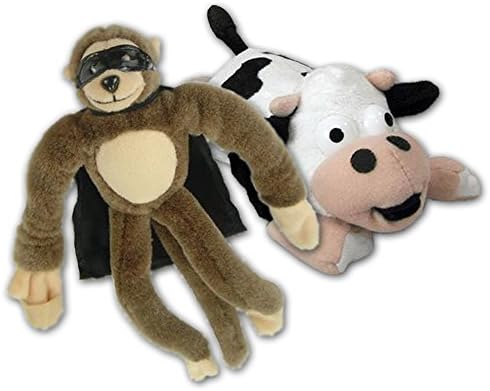 Flingshot Slingshot Stuffed Animal Toys - Screeching Black &amp; White Cow and Amazing Brown Monkey - Pack of 2
